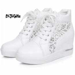 Dress Shoes Women Wedge Platform Rubber Brogue Leather Lace Up High heel Shoes Pointed Toe Increasing Creepers White Silver Sneakers