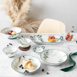 Dinnerware Sets Hand Painted Underglaze Color Green Shade Ceramic Bowl Plate Tableware Household Deep Soup Dish Creative Windfish