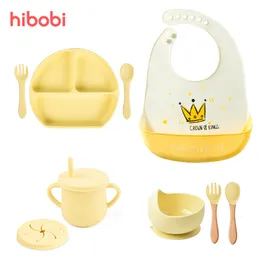 Cups Dishes Utensils 4 6 8 PCS Baby Soft Silicone Bib Cartoon Printed Bibs Sucker Bowl Plate Cup Spoon Fork Sets Non slip Children s BPA Free 230308