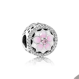 Ciondolo fiore di magnolia rosa traforato per Pandora Bracciale in argento sterling 925 con catena a serpente Bracciale con ciondoli Set di gioielli da donna Perline con cofanetto originale