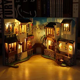 Objetos decorativos Figuras do livro DIY Kit Japanese Style End Insert Caso Stand House Miniatura com LED Light Creative Gift 230307