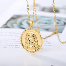 Naszyjniki wiszące 18k złota okrągła monet portret Jezus Man Defhary o link łańcuchy stali nierdzewnej chrześcijańskie ciernie biżuterię Naszyjnik