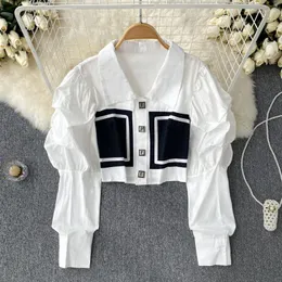 Women's Blouses White Solid Puff Long Sleeve Blouse Women Tops Shirt Office Ladies Autumn Spring Lapel Elegant Patchwork Color Slim Fit