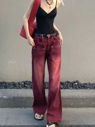 여자 청바지 Mingliusili Red Jeans Fall Vintage Red Wash 고민 스트레이트 다리 청바지 다목적 느슨한 바지 230308