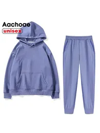 Dwuczęściowe spodnie kobiet Aachoae unisex para polaru 100% bawełniane garnitury 2 sztuki zestawy swobodne bluzy bluzy bluzy 230309