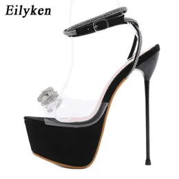 Sandal Yeni Tasarım PVC Şeffaf Platform Kadınlar Sandalet Yaz Tatlı Kelebek Düğümü Kristal Toka Kayış Yüksek Topuklu Ayakkabılar 230302