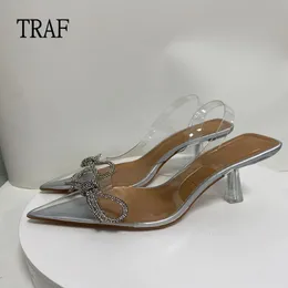 Sandalet Trafı Yüksek Topuklu Kadın Yaz Moda Yay Şeffaf Topuk Ayakkabı Zarif Parti Pompaları Kadın Seksi Topuklu 230308