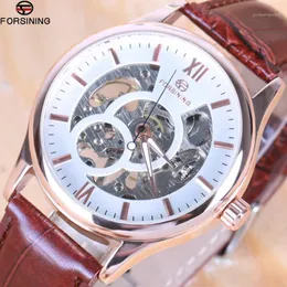 Wristwatches Forsining Rose Gold Design Brown Men Watch Top Erkek Saat Skeleton Mechanical Male Clock Relogio Montre Homme