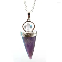 Anhänger Halsketten FYJS Einzigartige versilberte kreisförmige kegelförmige Amethyst-Stein mit kleiner Bergkristall-Perlen-Halskette, geometrischer Schmuck