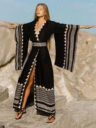 レディース水着ビーチ着物女性夏のスーパーワイドスリーブセルフベルトラップドレス幾何学的な印刷ファッション入浴スーツパレオ