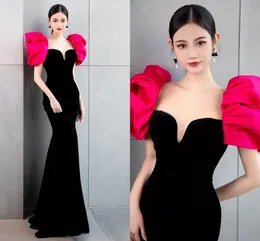 Fuchsia Black Rermaid Evening Dress 2023 Короткие пухлые рукава без спинки атласный выпускной вечерин