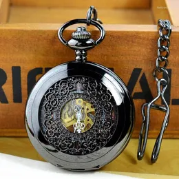 Pocket Watches Luxury Mechanical Vintage Black Gold Flower Wave Watch For Men Women Skeleton Roman Numeral Dial Fob Chain Pendant Clock