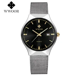 ساعة معصم Relogio Maschulino Wwoor Top Fashion Brand يشاهد الرجال مقاومًا للماء الشبكة الشبكية Quartz Wristwatch Man Silver Date Clock for