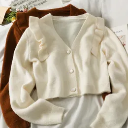 Damen-Strick-T-Shirts Korobov Vintage solide Rüschen Kawaii-Cardigan koreanischer V-Ausschnitt Langarm-Pullover Herbst einreihig abgeschnitten