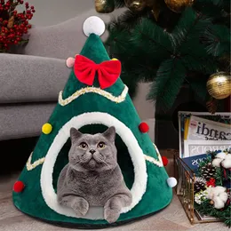 Cat Beds Furniture Bed House Christmas Tree Shape Puppy Kennel Washable Mat Kitten Cave Winter Warm Pet for s Dogs Accessories 230309