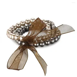 Bangle 3pcs/set Vintage Pearls Pärlade armband för kvinnor Elastiska flerskikt med Bow Lace Charm Jewelry Ladies Gift 2023