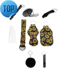 9 PCS Defense Nyckelringar Set Inkludera Alarm Pompom Hand Sanitizer Wrist Strap Lipstick Keychains Whistle Opener 30 ml tom flaska för