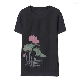 Magliette da donna Lotus Women Sumer T-shirt ricamate larghe a maniche corte in cotone e lino