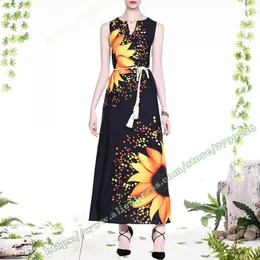 Sukienki swobodne 2023 Summer Modna Vintage kwiatowy słonecznik duży kwiat drukarnia Czarna szyfonowa długa sukienka maxi kobiety