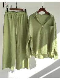 Kvinnors träningsdräkter Kvinnor Casual Cotton 2 Piece Set 2022 Summer Female Vintage Loose Outfits Overdimensionerad långärmad skjorta och höga midjor Pants Suits L230309