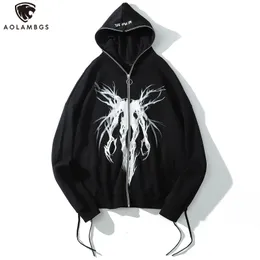 Erkek Hoodies Sweatshirts Aolamegs Punk Grafik Baskı Fermuar Şerit Kapüşonlu Hoodie Erkekler Sıradan Siyah Serin Büyük Boyu Moda Sweatshirt Street Giyim Sonbahar 230308