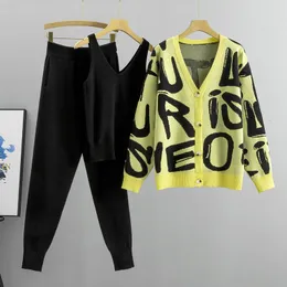 여자 2 피스 바지 스프링 가을 3 피스 여성 가디건 트랙 슈트 패션 니트 포켓 팬츠 세트 레이디스 스웨터 정장 유럽 패션 의상 230309