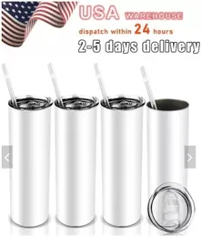 US Warehouse Sublimation Blanks Tumblers 20oz Stainless Steel Straight Blank white with Lids and Straw Heat Transfer Cups Water Bottles 25pcs/carton GJ0309