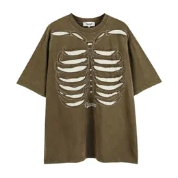 T-shirty męskie High Street Ripped Sceleton Summer T-shirt Harakuju Streetwear Owczesne swobodne koszulki dla mężczyzn Patchwork G230309