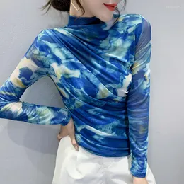 Kvinnors T -skjortor Autumn Women Gradient Mesh Sexig Slim Body Blue Tops Shirt för
