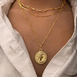 Hänge halsband damer trendiga geometriska runda huvudporträtt kvinnors flerskikts guldlänk kedja halsband smycken gåvor