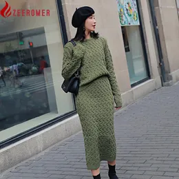 Work Dresses Autumn Green Knitted Flowers Loose Thick Long Sleeve Sweater Tops 2 Piece Suits Midi Pencil Bodycon Elastic Skirt