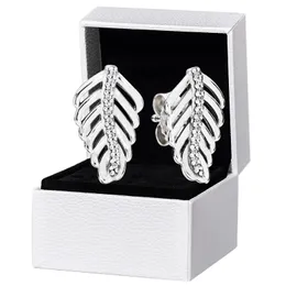 Funkelnder Feder-Ohrstecker aus 925er-Sterlingsilber für Pandora, CZ-Diamant, Hochzeitsfeier, Schmuck für Frauen, Freundin, Geschenk, Designer-Ohrringe mit Original-Box-Set