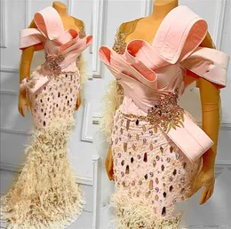 Pink Elegant Lace Blush Prom Dress for Black Girls Beaded Crystal Birthday Party Dresses Feathers Long Evening Gown Ruffles Mermaid es