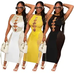 Casual Dresses Sexy Patchwork Mesh Long Dress Women Cut Out Tank Sleeveless Summer BodyCon Party Sundress Clubwear kläder 2023