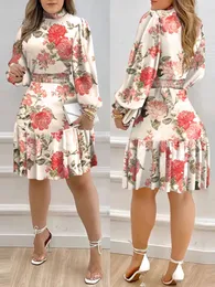 Casual Dresses Autumn Women Floral Print Shirred Ruffle Dress Femme Casual Lantern Sleeve Corset Robe Office Lady Outfits Traf Vestidos 230309