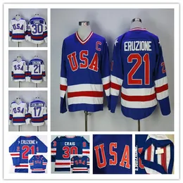 Özel 1980 Man Retro ABD buz hokey formaları 17 Jack Ocallahan 21 Mike Eruzione 30 Jim Craig Renk Mavi Beyaz Dikişli Çalışma Üniformaları