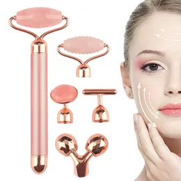 Dispositivi per la cura del viso 5in1 24K Gold Beauty Bar Massaggiatore Elettrico Vibrante Quarzo rosa 3D Roller Lifting Body Gua Sha Jade 230309