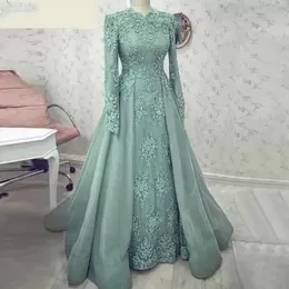 Türkis muslimische Spitzenmütter Kleider Langarm Applikationen A-Line-Abend-Partykleider Dubai Arabisch besonderes Anlass formelles Kleid mit über Röcken BC14051