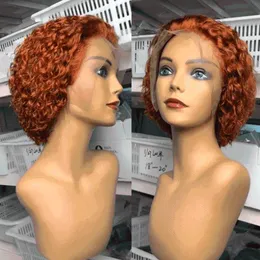 Spetsspår 150 densitet obearbetade Brazillian ingefära orange pixie kort lockigt mänskligt hår peruk