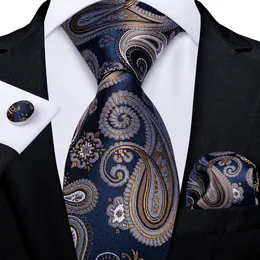 Krawatten Luxus Blau Gold Paisley Herrenkrawatte Business Hochzeit Formale Krawatte für Männer Geschenk Cravate Seidenkrawatte Taschentuch Manschettenknöpfe DiBanGu 230309