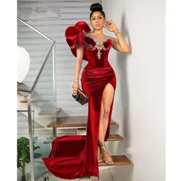 Veet Red Mermaid Evening Dresses with Sheer Neck Ruffles Cap Sleeves Beaded Side Split Prom Dress Custom Made Dinner Birthday Gown