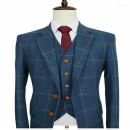 Ternos masculinos Vintage Blue Windowpane mass lã de dois botões de lapela de 2 peças de desgaste formal verificação de smoking pico pico blinder