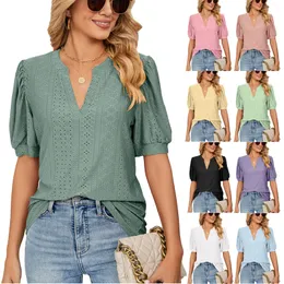 Summer Puff Short Sleeve Shirts For Women Loose Fit Eyelet T Shirt Notch V Neck Tunic Blouse Hollow Out Work Tops 2303091