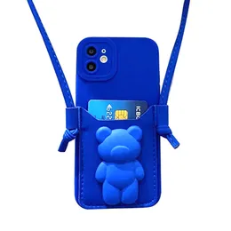 Crossbody Blue Bear Mobiltelefonfodral för Apple iPhone 14 Plus Pro Max 13 12 11 XR Protective Back Cover Luxury 3D Insert Card Holder Tide Märke Telefonöverdrag med rem