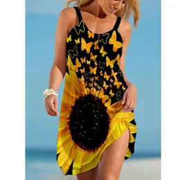 Abiti casual Abito girasole Abito moda donna Orlo bohémien Cinturino da spiaggia Sexy Serata da festa senza maniche Elegante vestito estivo Farfalla