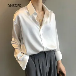 Women's Blouses Shirts Satin Silk Shirt Autumn Spring Office Button Up Chic Drop Shoulder Blouse Women White Top Loose Street Shirts Ropa Para Mujer 230309