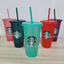 NEU 24oz 710 ml Starbucks Pailletten Plastik Tumbler wiederverwendbares klares Trinken flacher Boden Tasse Säule Form Deckel Stroh Bech Bardian Love2882