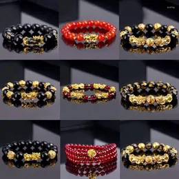 Charm Armbänder Feng Shui Obsidian Stein Perlen Armband Für Männer Frauen Armband Gold Farbe Schwarz Pixiu Reichtum Viel Glück Schmuck Geschenke