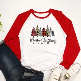 Women's T Shirts Cute Leopard Plaid Xmas Trees Graphic Tshirt Raglan Sleeve Harajuku Vintage T-shirt Merry Christmas Letter Print Women