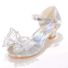 First Walkers Shoes for Girls Heel Kids Princess Dress Party Leather Wedges Children Butterfly Slip On Wedding Ballerina Flats 230308
